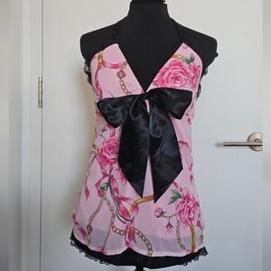 Gyaru Ma*rs Agejo Pink Floral Halter Top with Black Satin Bow